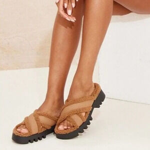 Pretty Little Thing Tan Teddy Cross Over Strap  Back Chunky Cleated Sole Sandals